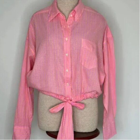 Xirena Women's Kytt Barbiecore Striped 100% Cotton Button-down Front Tie Medium - Picture 4 of 10